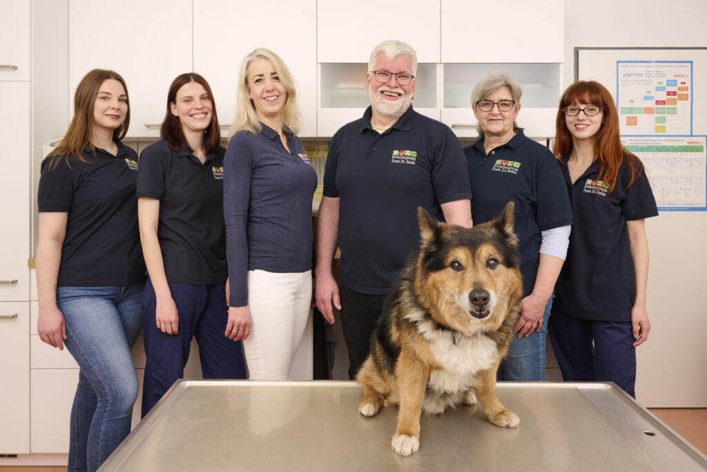 HAUKE MUELLER FOTOGRAFIE Tierarzt-Team mit Deutschem Schäferhund in einer Tierklinik.
