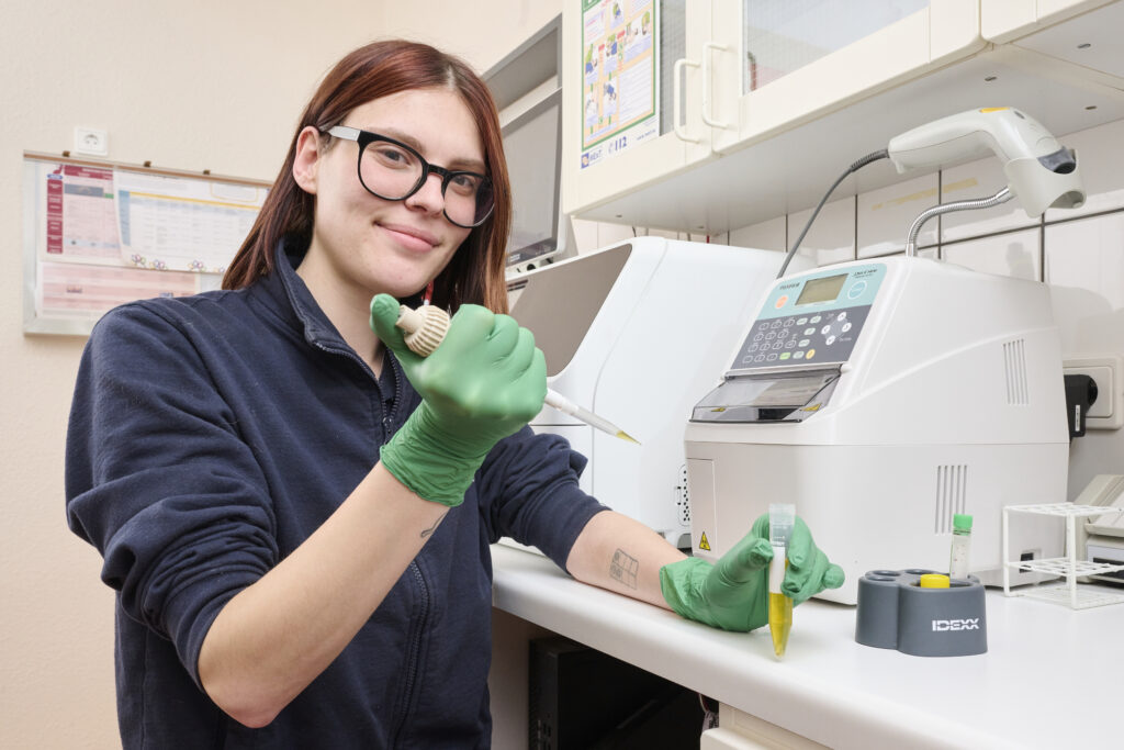 Tiermedizinische Fachkraft arbeitet im Labor einer Tierklinik.