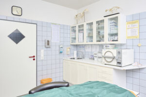 Behandlungsraum einer sauberen und modernen Tierarztpraxis.